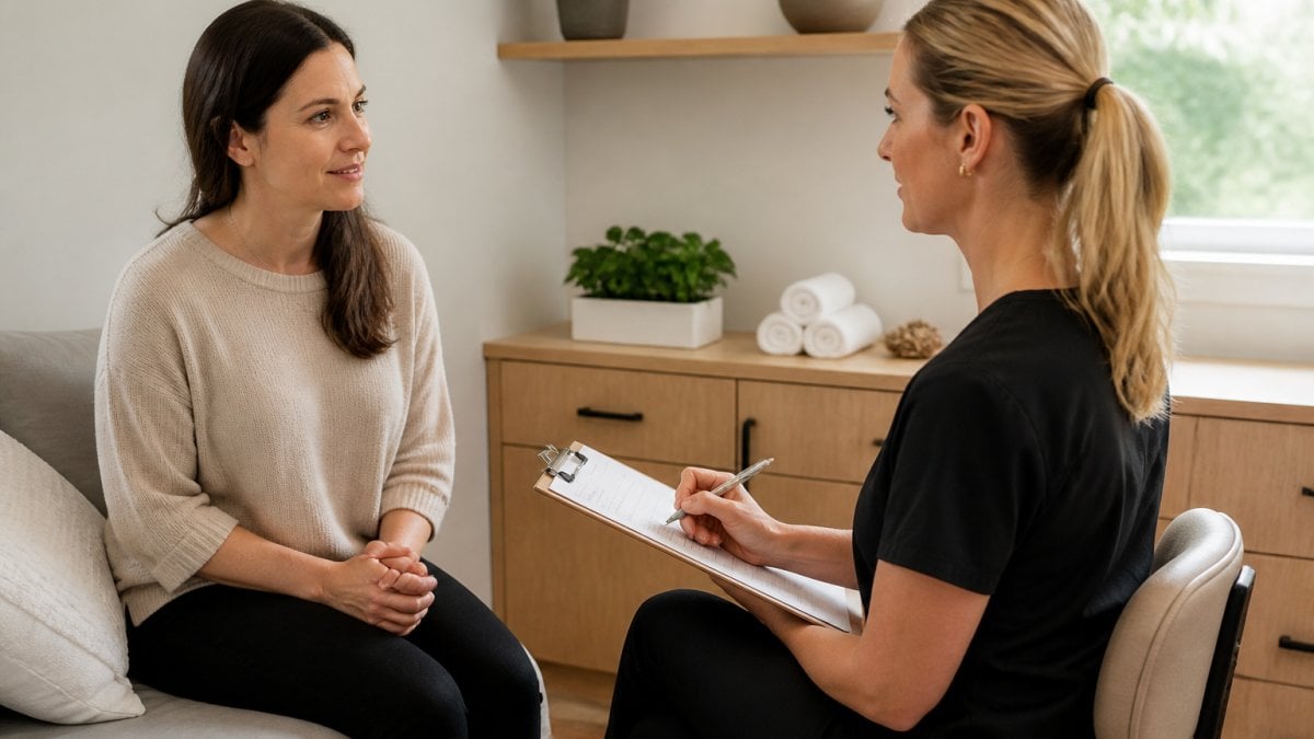 A woman in comfortable clothing sitting calmly in a bright clinic consultation room, speaking with a female clinician who is taking notes on a clipboard, conveying a reassuring and professional pelvic health appointment